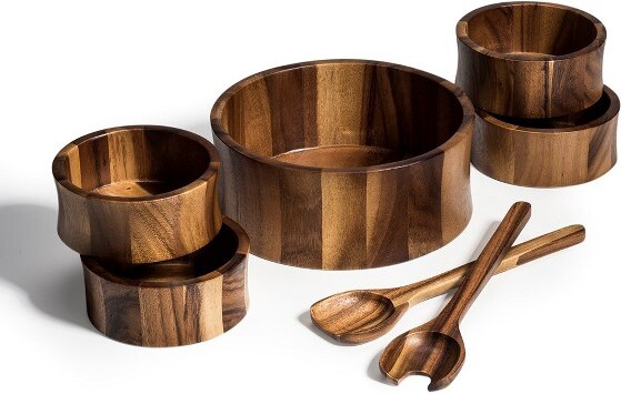 Kalmar Home KalmarHomeSolidAcacia7Piece-LargeSaladBowlwithServersand4Individuals
