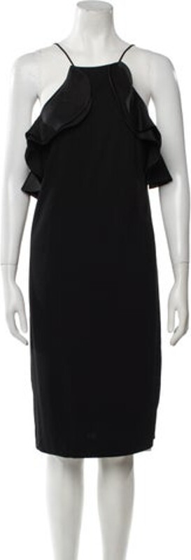 Gucci Silk Shift Dress Black Ruffle Embellishment Short Sleeve with Square Neckline Concealed Zip Closure at Back Designer