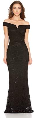 Quiz Black Sequin Lace Bardot Fishtail Maxi Dress