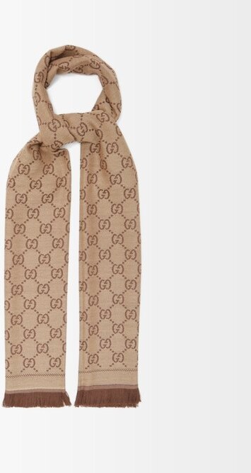 New Auth Gucci Women Monogram GG Jacquard Silk & Wool Scarf Wrap Brown $550