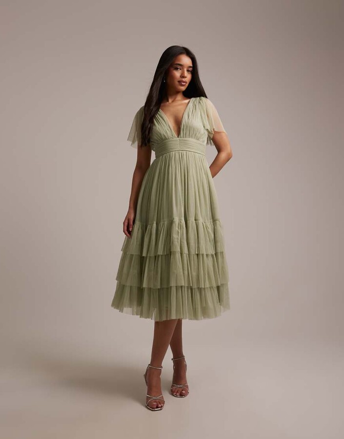 Lace & Beads Bridesmaid tulle v neck midi dress in sage green