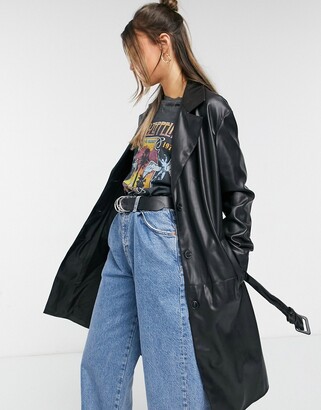 Bershka faux leather belted trench coat in black - ShopStyle