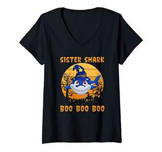 Womens Funny Sister Shark Witch Boo Boo Boo Halloween Costume V-Neck T-Shirt