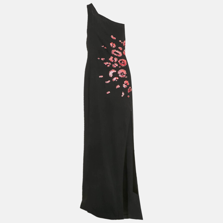 Versace Collection Black Embellished Crepe One-Shoulder Maxi Dress L