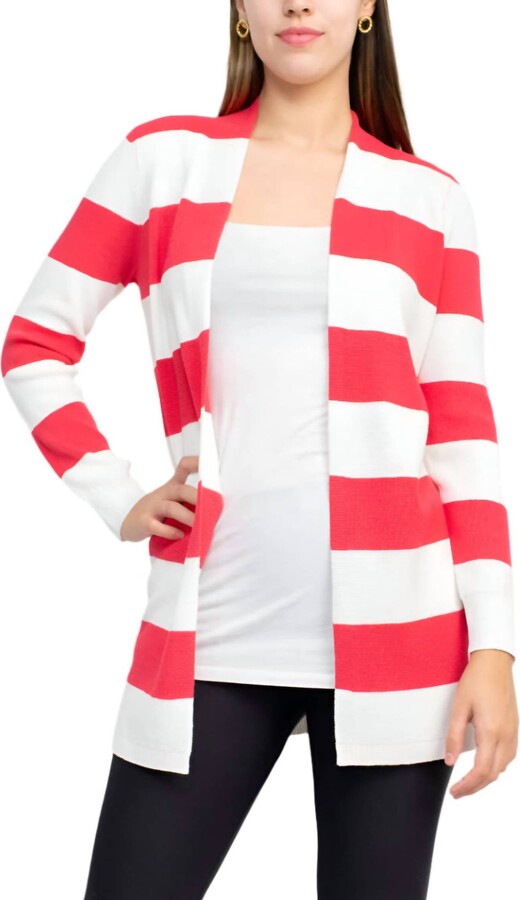 Cyrus Open Front Long Sleeve Stripe Pattern Knit Cardigan In Pitaya White