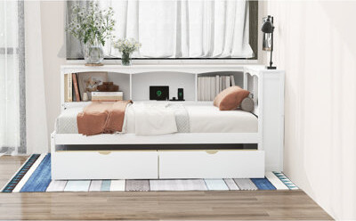 Ophelia & Co. Wood Color Twin Size Daybed With Storage Drawers, Ports And Versatile Solutions - High Load In Thoughtful Cabinets Bearing
