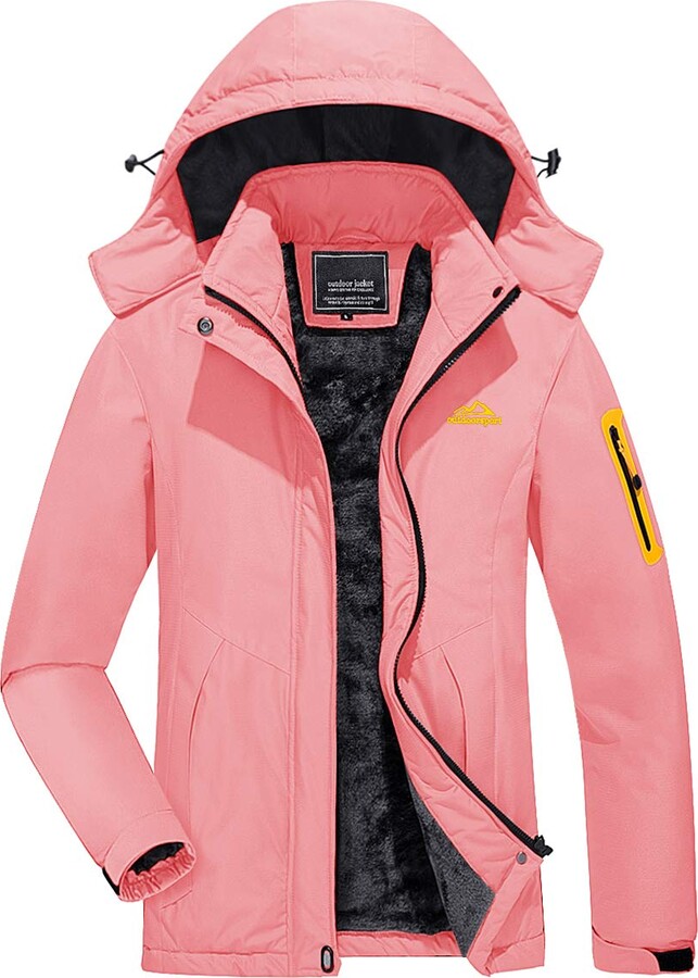 KEFITEVD Women's Winter Waterproof Ski Jackets Warm Fleeced Ladies Hiking Coats Snowboarding Jacket with Detachable Hood