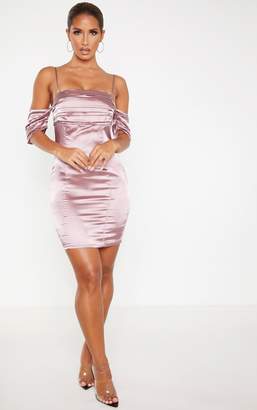PrettyLittleThing Mauve Satin Ruched Bust Cold Shoulder Bodycon Dress