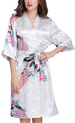 Missmao Fashion2019 MISSMAO_FASHION2019 Summer Silk Satin Kimono Dressing Gown Printing Peacock and Flower with Medium Length Sleeve for Women Wedding Girl's Bonding Party Pyjamas White L