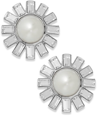 Lauren Ralph Lauren Silver-Tone Crystal and White Imitation Pearl Stud Earrings