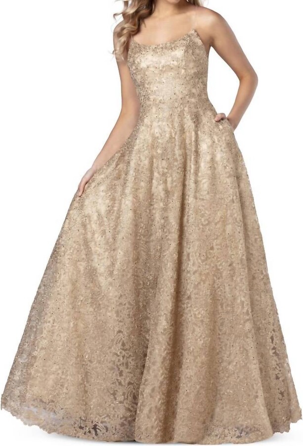 Blush Prom Metallic Lace Scoopneck Gown In Gold