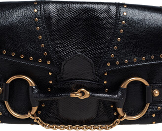 Gucci Black Lizard and Leather Horsebit Shoulder Bag