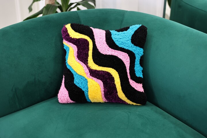 Punch Needle Tufted Wavy Squiggle Pillow, Bold Curved Abstract Lines, Vivid Mixed Color, Contemporary Home Decor