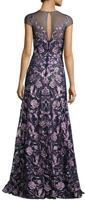 Marchesa Notte Cap-Sleeve Embroidered Floral Mesh Gown, Navy/Purple