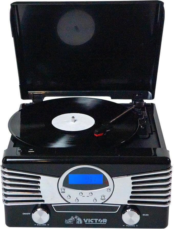 Victor Diner 7-in-1 Turntable Record Player, CD/MP3 Player, AM/FM Radio with Bluetooth, USB Input and Stereo Speakers, Black