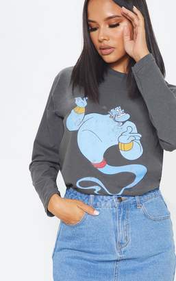 PrettyLittleThing Charcoal Grey Disney Genie Print Oversized Long Sleeve T Shirt