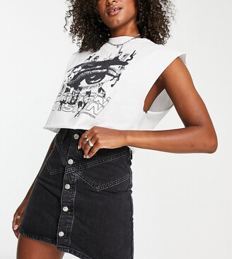 Topshop Tall denim button through skirt in washed black - ShopStyle