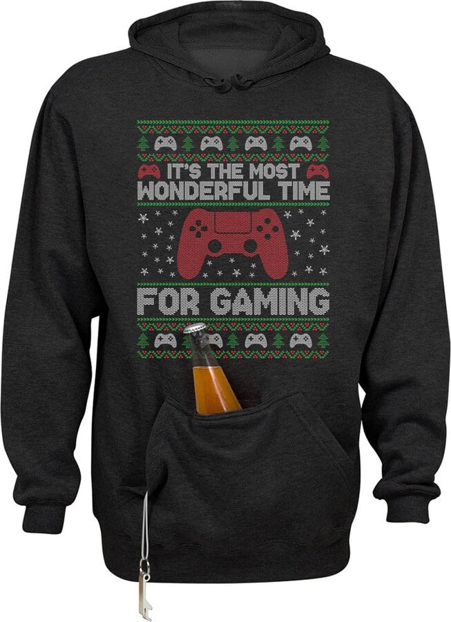TeesAndTankYou Gaming Ugly Christmas Beer Holder Tailgate Hoodie Sweatshirt Unisex Medium Black