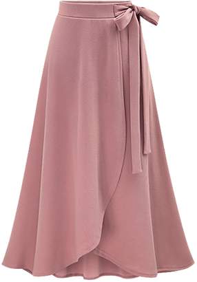 FEOYA Women's Front Slit Ankle Length Midi Skirt Soft Elastic High Waist Shirring