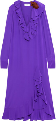 Victoria Beckham Floral-appliqued Ruffled Silk Crepe De Chine Midi Dress