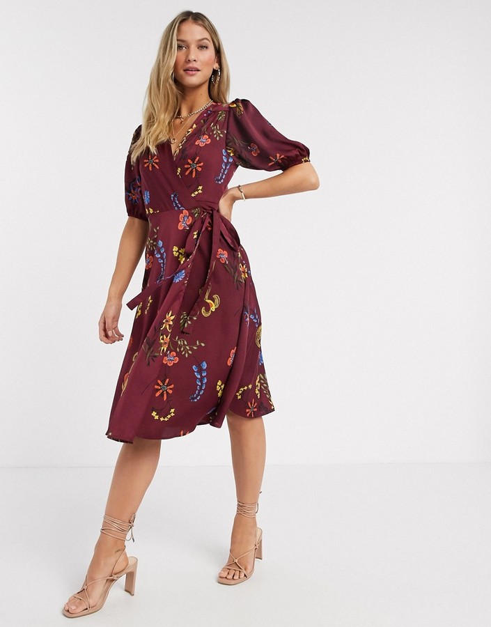 liquorish wrap front midi tea dress in floral print