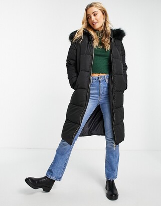 Miss Selfridge longline maxi puffer coat in black - ShopStyle