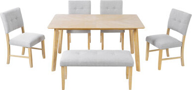 Lark Manor 6-Piece Rustic Farmhouse Rectangular Dining Table Set with 4 Upholstered Chairs and Bench, Solid Wood Legs