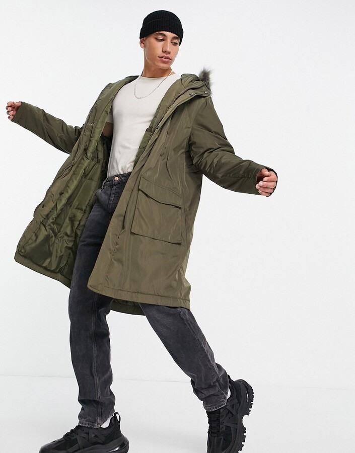 ASOS DESIGN parka jacket in green with faux-fur trim hood - ShopStyle