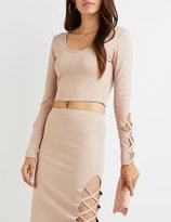 Thumbnail for your product : Charlotte Russe Lattice-Sleeve Ponte Crop Top