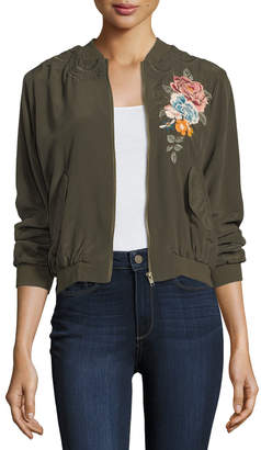 Johnny Was Alice Silk Crepe Embroidered Bomber Jacket, Petite