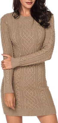 Viottiset Women's Knitted Pullover Sweater Dress Round Neck Long Sleeve Winter Mini Dress Black M