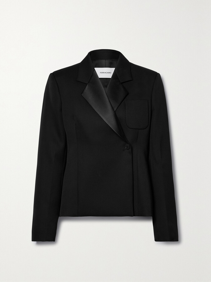 Ferragamo Double-breasted Satin-trimmed Grain De Poudre Wool Blazer - Black