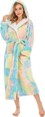 Ansenesna Women Fluffy Dressing Gowns Long Sleeve Plush Fleece Warm Hooded Bathrobe Winter Ladies Tie-Dye Full Length Bath Robe Loungewear ADG-1102-09 (Orange