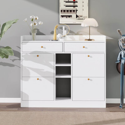 Orren Ellis Modern Shoe Cabinet With 4 Flip Drawers, Multifunctional 2-Tier Shoe Storage Organizer With Drawers, Free Standing Shoe Rack