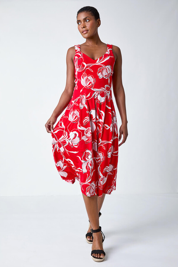 Roman Originals Textured Floral Print Midi Stretch Dress in Red