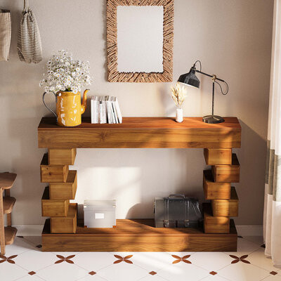 Latitude Run Geometric Block Stacked Wood Console Table with Warm Natural Finish