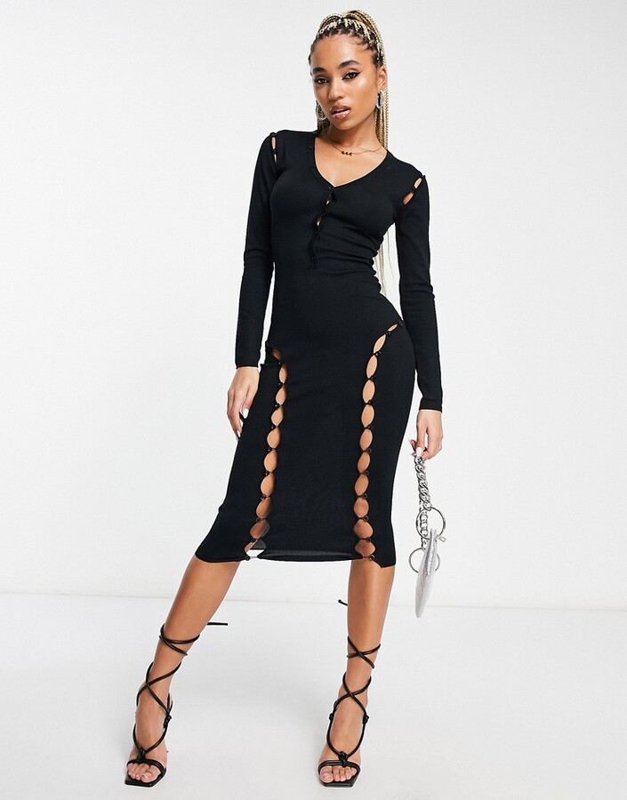 Simmi Clothing Simmi knitted cut out button detail midi dress in black ...