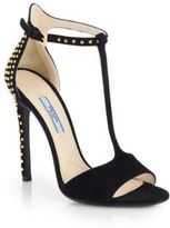 Thumbnail for your product : Prada Studded Suede T-Strap Sandals