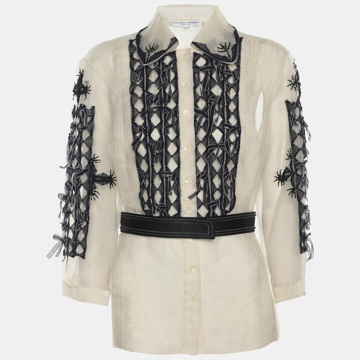 CH Carolina Herrera Off-White/blue Tulle Embroidered Tops