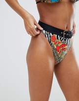 Thumbnail for your product : Jaded London Vintage Print Belt Detail High Leg Bikini Bottom