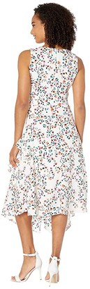 Calvin Klein V-Neck Dress w/ Belt Ruffle (Soft White Multi) Women's Clothing