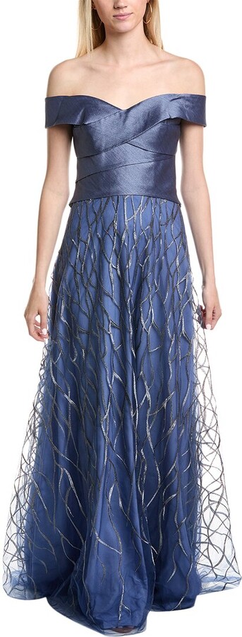 Rene Ruiz Banded Off-The-Shoulder Metallic Tulle Gown
