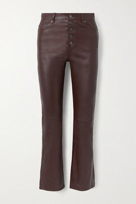 plum leather trousers