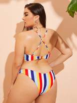 Thumbnail for your product : Shein Plus Striped Criss Cross Top With High Cut Bikini