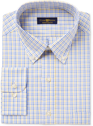 Club Room Men's Big & Tall Classic/Regular Fit Estate Wrinkle Resistant Yellow Blue Triple Check Dress Shirt, Created for Macy's