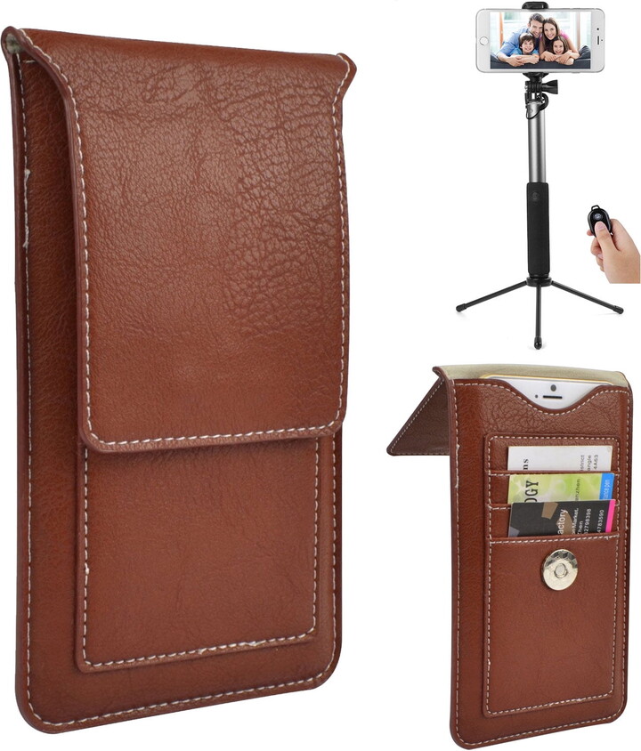 SumacLife BUNDLE: Professional Vegan Leather Vertical Smartphone Holster Wallet (Brown) & Selfie Stick Mini Tripod 2.0 (Silver) – fits Smartphones up to 6.3-inch iPhone XS/X/8 Galaxy S10/S9 Pixel 3 LG ZTE BLU