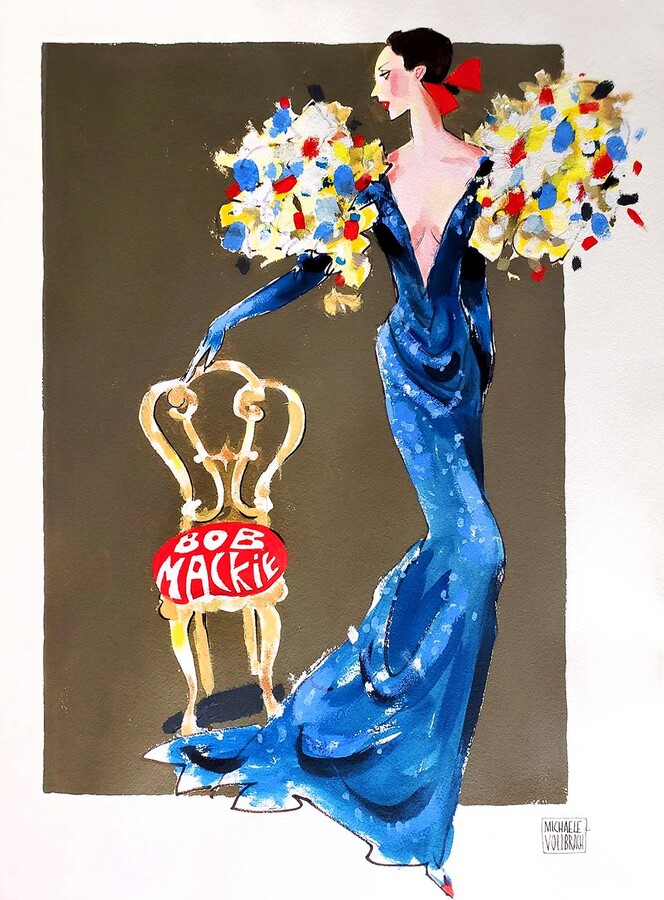 Michaele Vollbracht, Fashion Illustration of Elegant woman in Bob Mackie dress perhaps for Cher, 1980 circa
