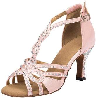 TDA Womens T-Strap Peep Toe High Heels Crystals Satin Latin Modern Salsa Tango Ballroom Wedding Dance Shoes