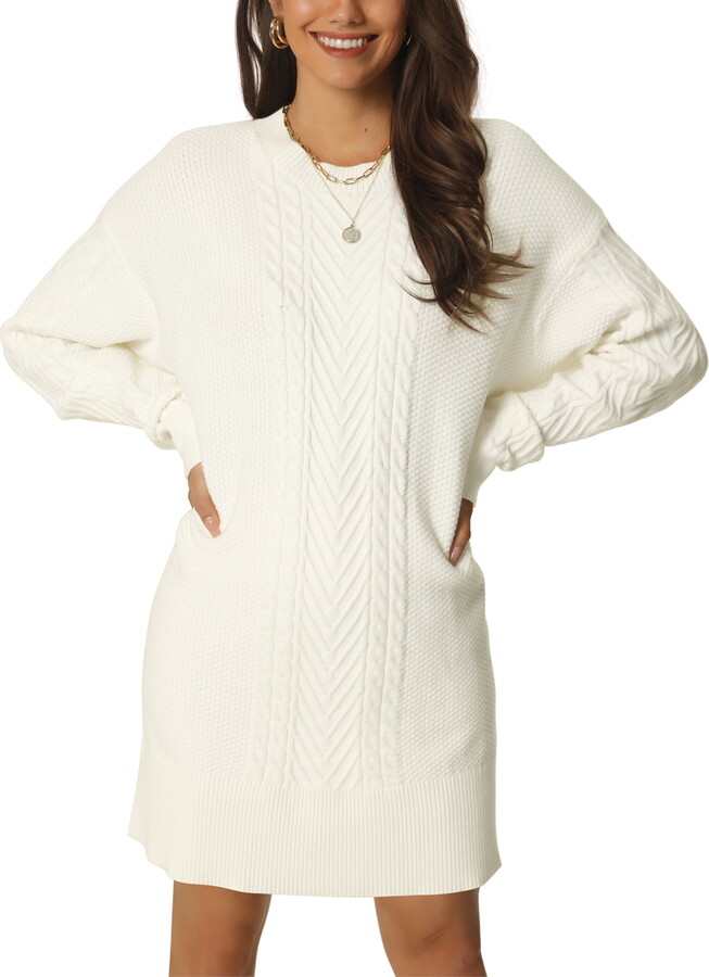 Unique Bargains Womens’ Textured Long Sleeve Above Knee Casual Sweater Dress M White