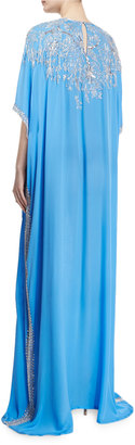 Naeem Khan Metallic Floral-Embroidered Caftan, French Blue